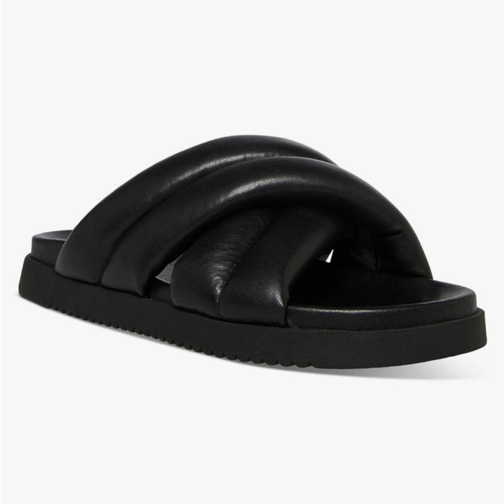 ✨ STEVE MADDEN Womens Size 9 Motte Faux Leather Slip On Slide Sandals • Black ✨